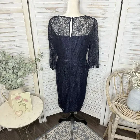 ADRIANNA PAPELL 12 Women's Lace Overlay Sheath Dress Peplum Navy Cocktail Short - Picture 4 of 14
